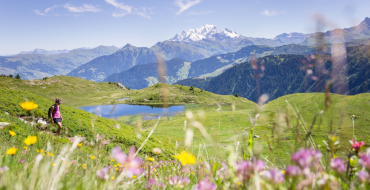 Randonnée en alpage au bord d'un lac entouré de fleurs de montagne